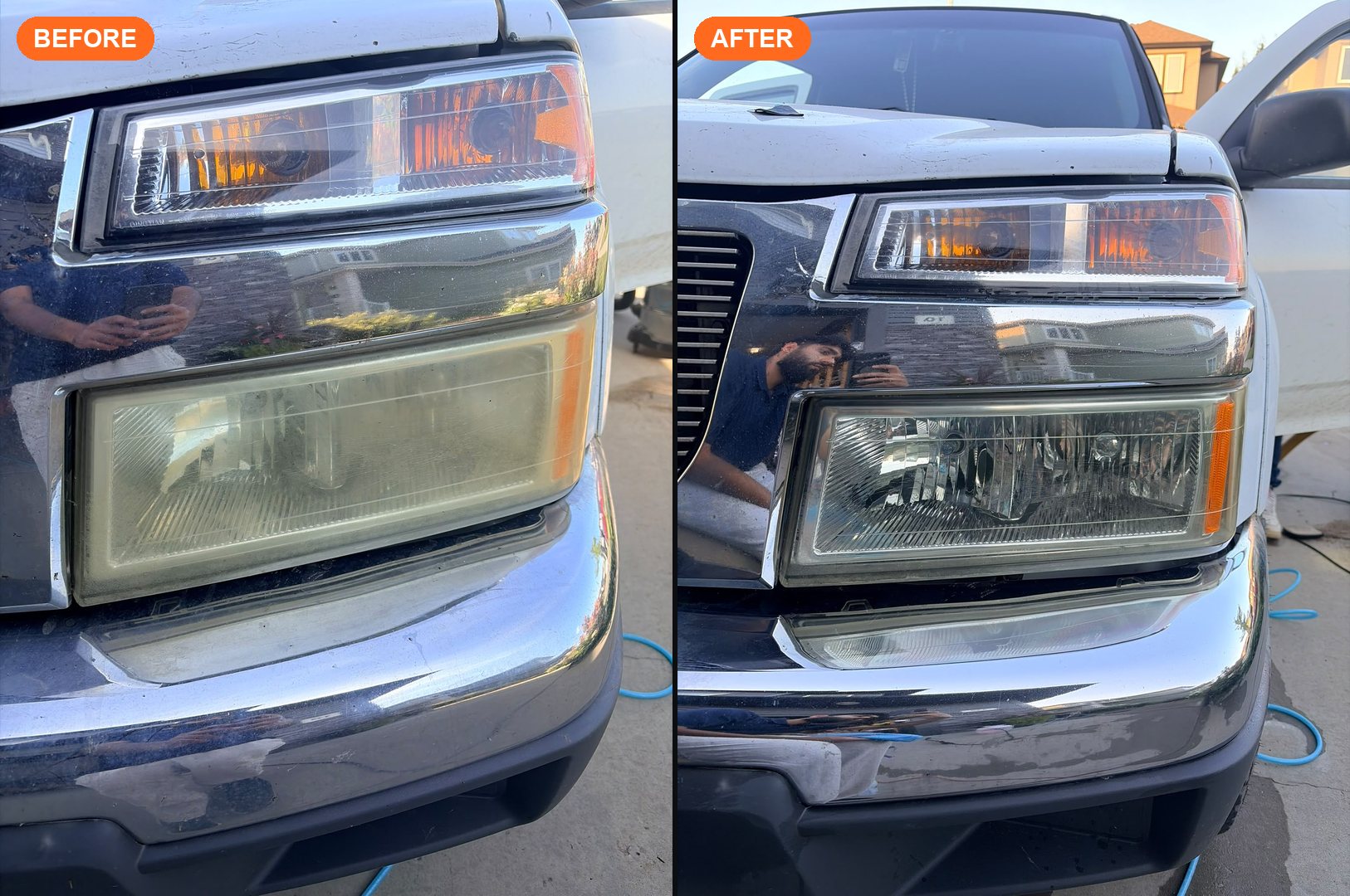 Truck headlight before and after restoration — oxidized yellow lens restored to clear