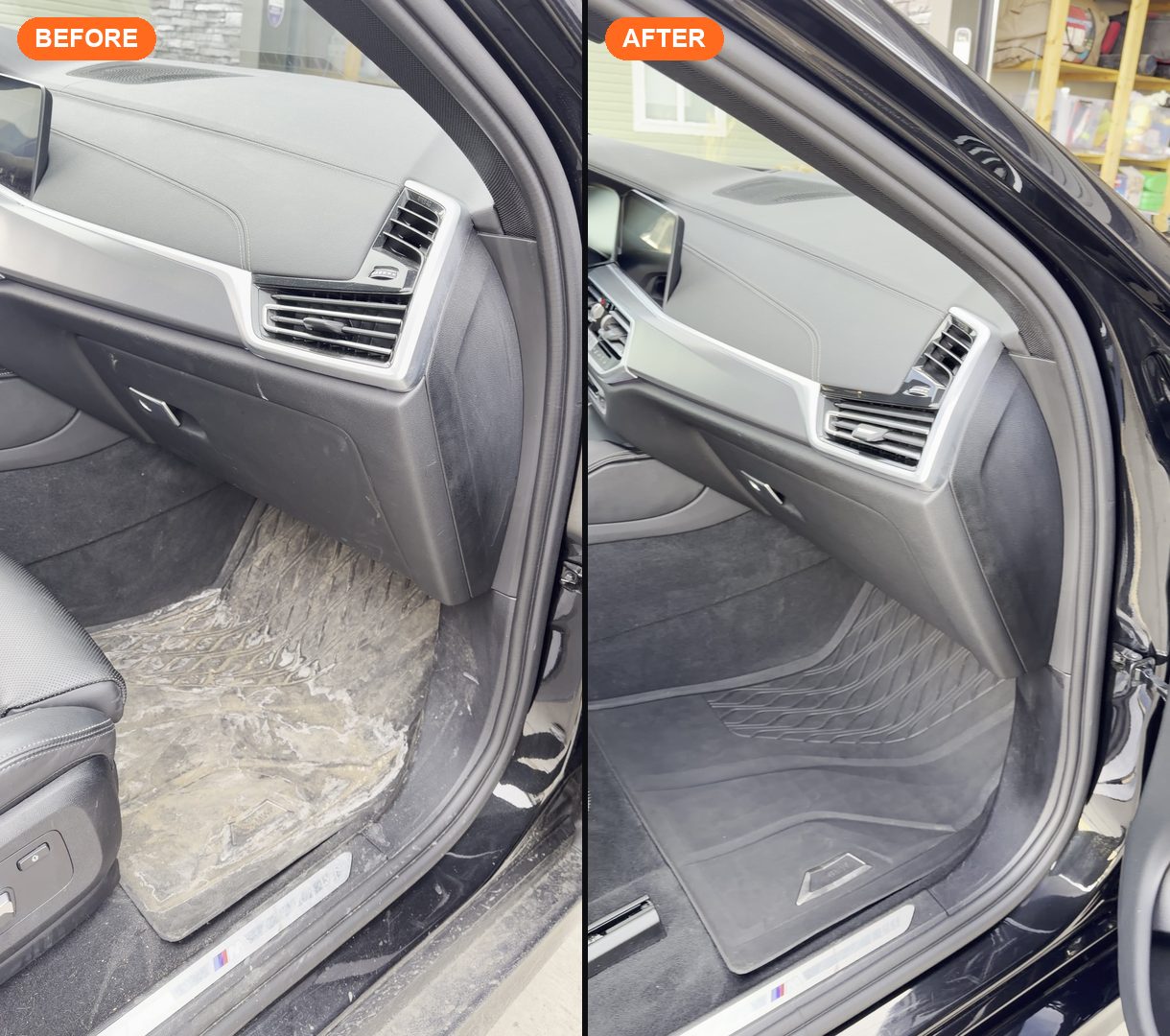 BMW X6 passenger footwell before and after — road salt crust removed from carpet and mats