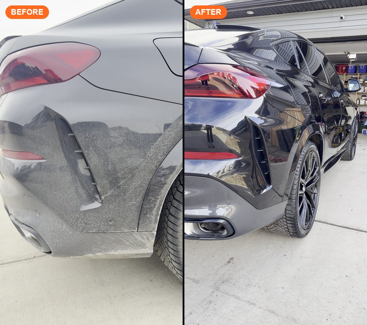 BMW X6 rear quarter panel before and after exterior detail — salt film to showroom gloss