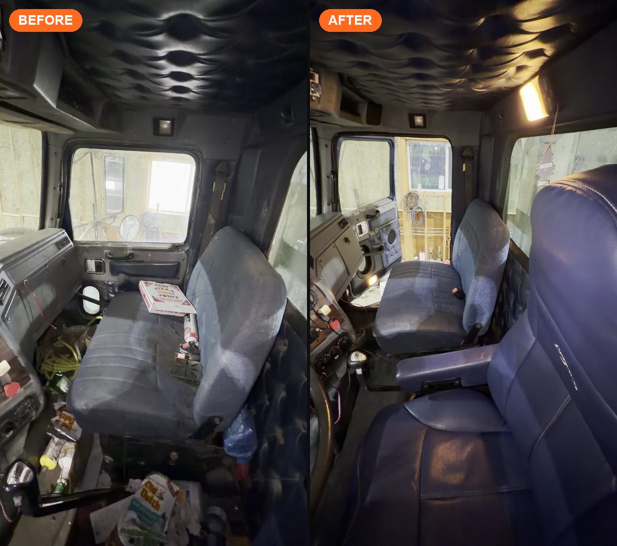 Western Star semi truck cab before and after deep clean — cluttered cab made driver-ready