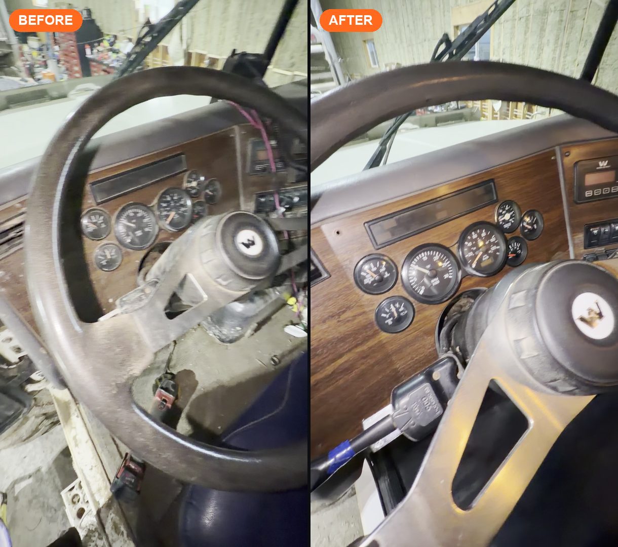Western Star semi dash and steering before and after detailing — polished woodgrain and chrome