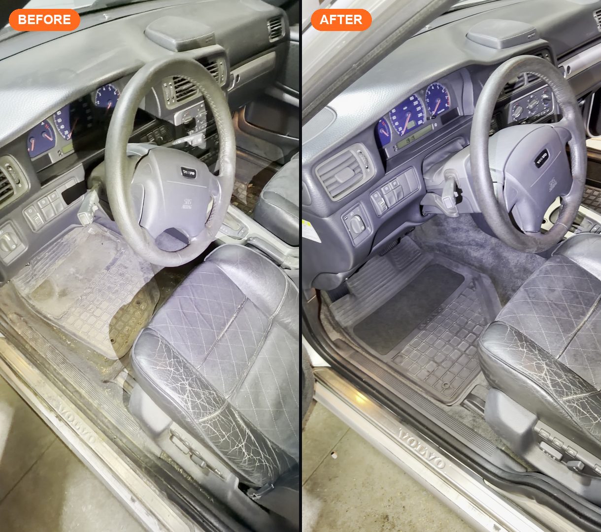 Volvo V70 driver cockpit before and after interior detailing