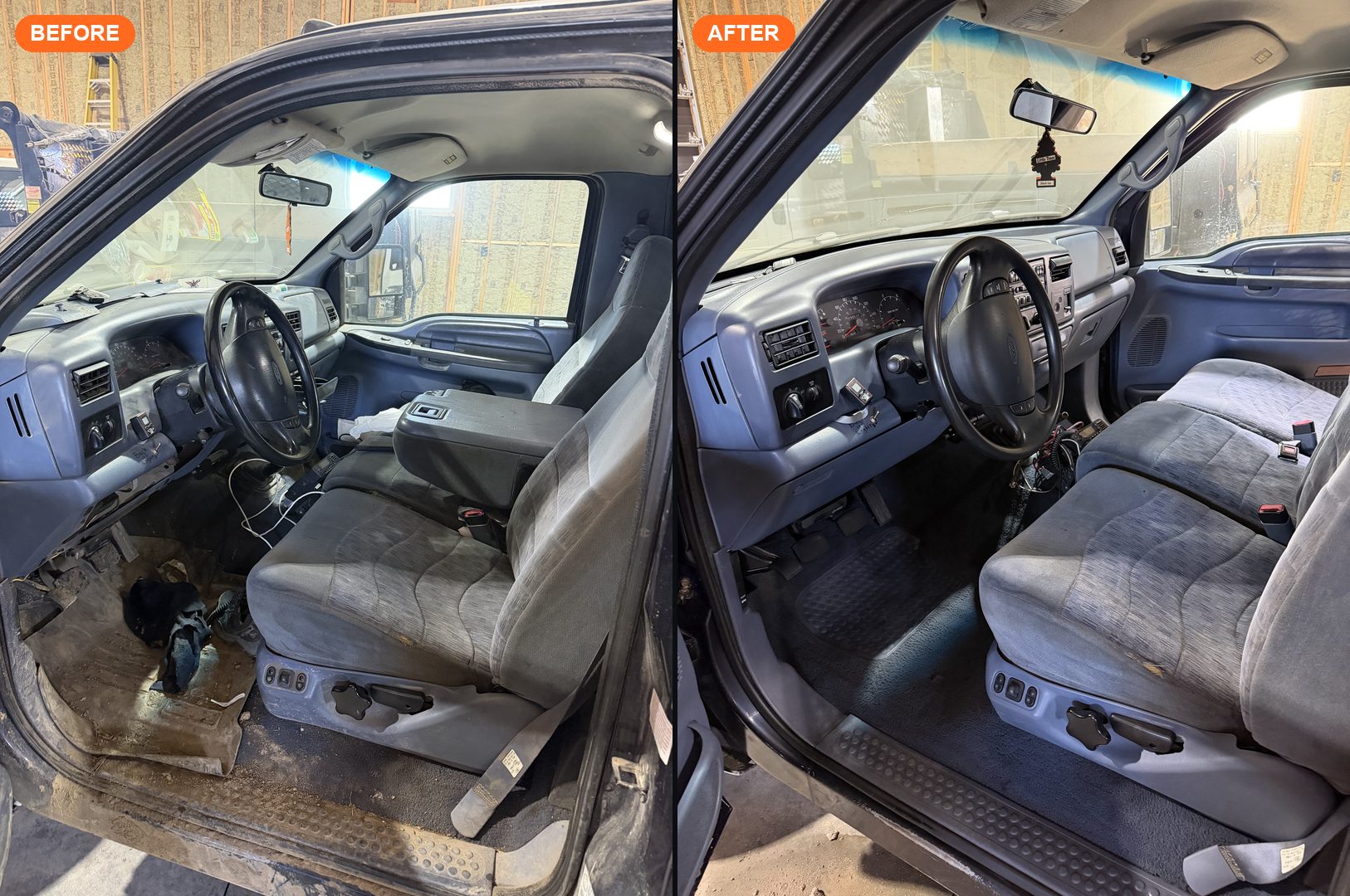 Ford Super Duty work truck cab before and after deep cleaning — mud-caked floor restored